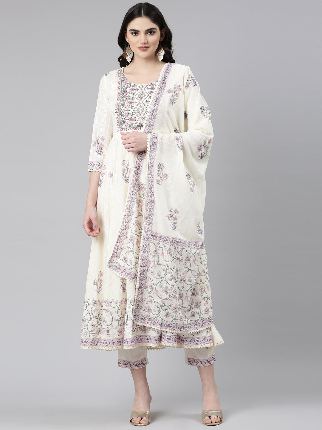 Neeru's Cream Pleated Anarkali Printed Readymade suits