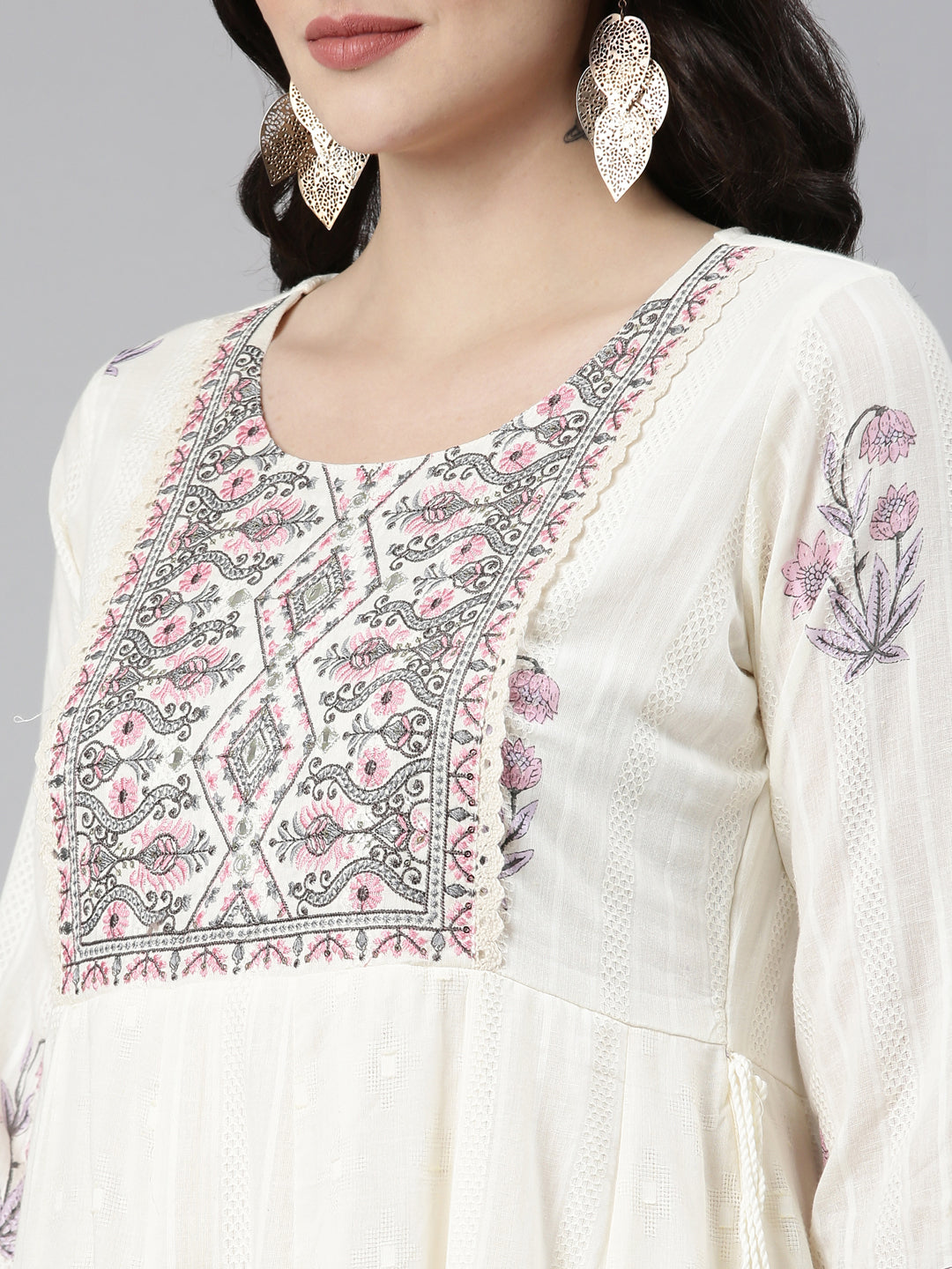 Neeru's Cream Pleated Anarkali Printed Readymade suits