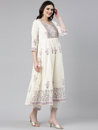 Neeru's Cream Pleated Anarkali Printed Readymade suits