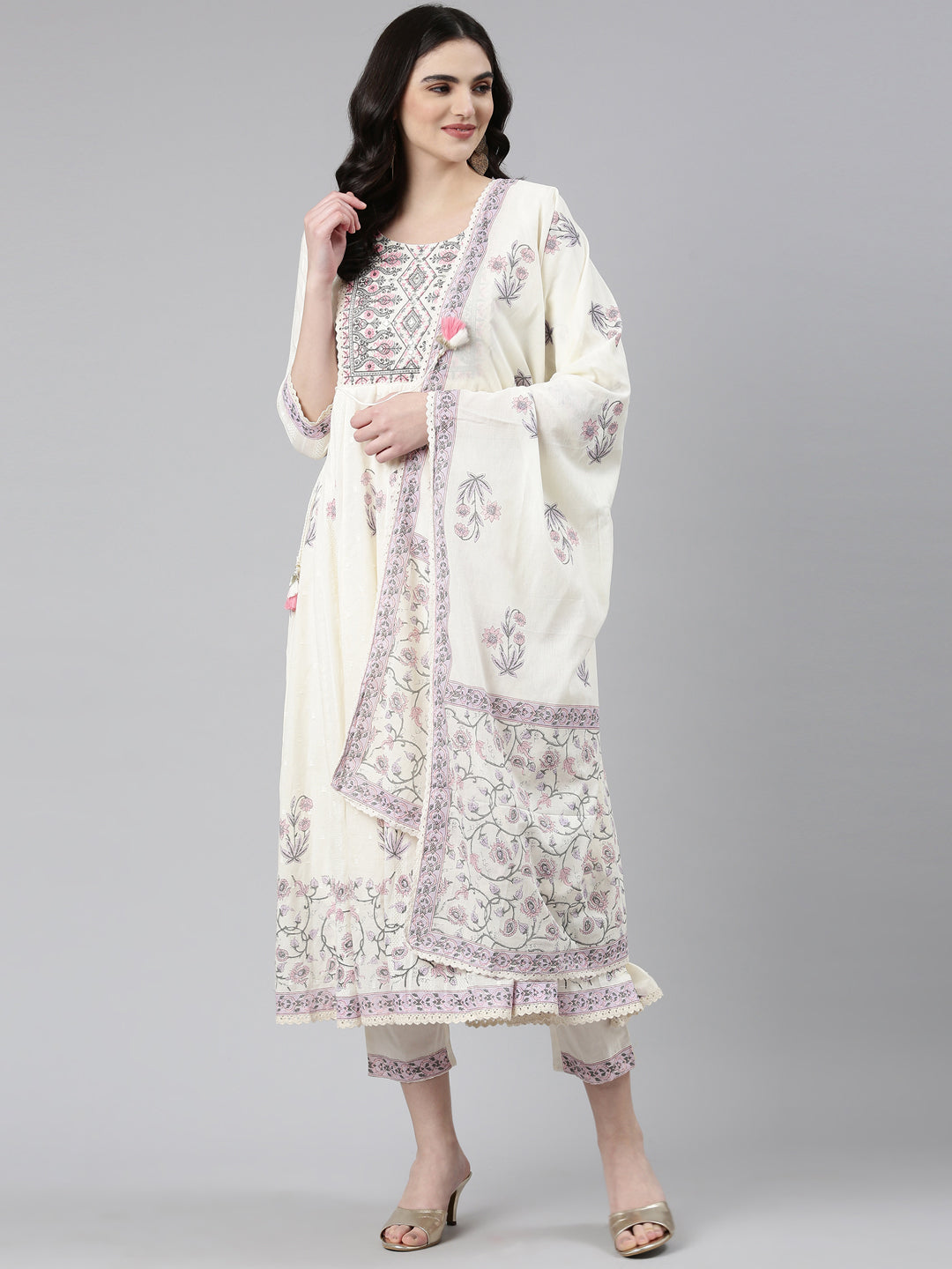 Neeru's Cream Pleated Anarkali Printed Readymade suits