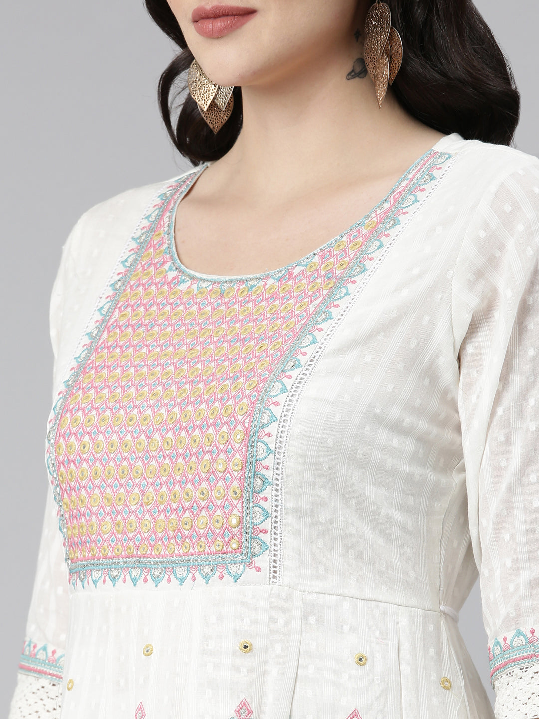 Neeru's White Pleated Anarkali Printed Kurta And Trousers With Dupatta