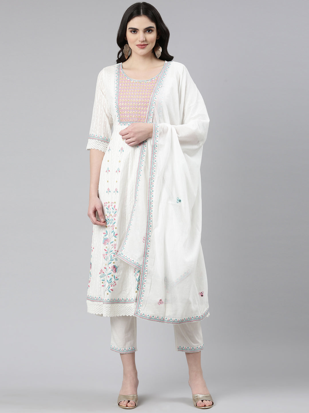 Neeru's White Pleated Anarkali Printed Kurta And Trousers With Dupatta