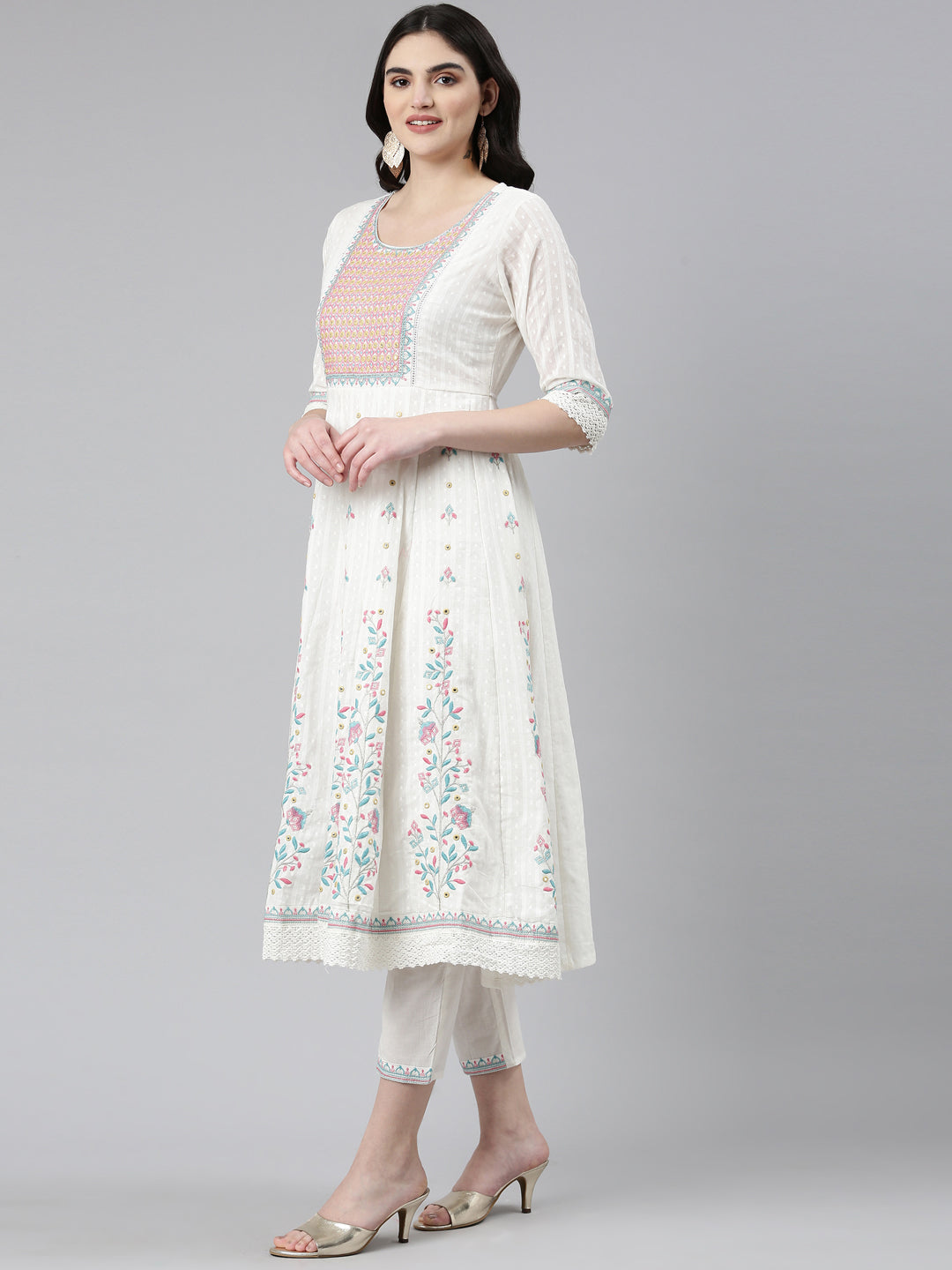 Neeru's White Pleated Anarkali Printed Kurta And Trousers With Dupatta