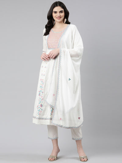 Neeru's White Pleated Anarkali Printed Kurta And Trousers With Dupatta