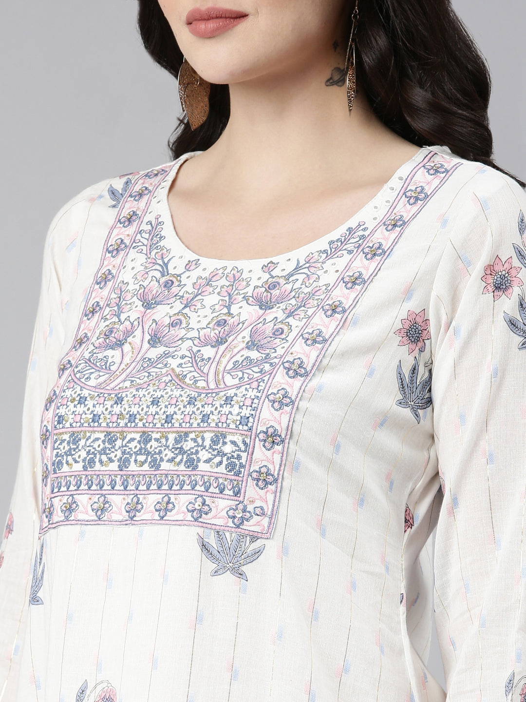 Neeru's White Regular Straight Printed Kurta And Trousers With Dupatta