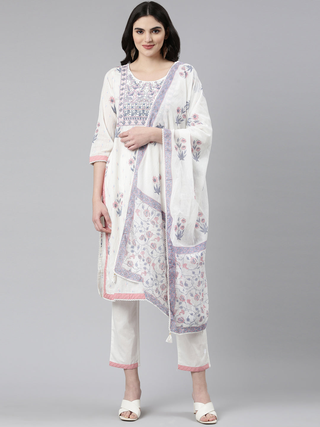 Neeru's White Regular Straight Printed Kurta And Trousers With Dupatta