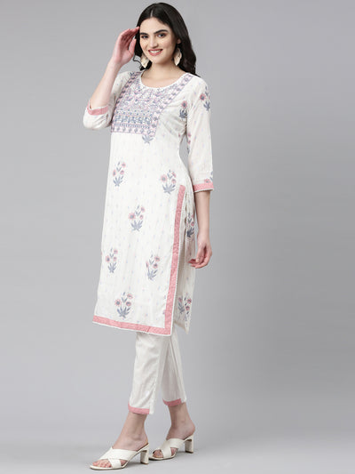 Neeru's White Regular Straight Printed Kurta And Trousers With Dupatta