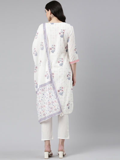 Neeru's White Regular Straight Printed Kurta And Trousers With Dupatta