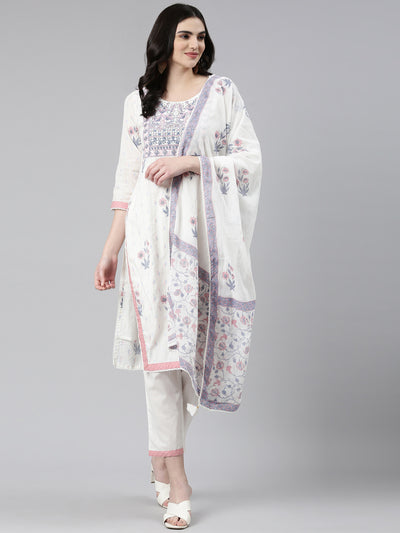 Neeru's White Regular Straight Printed Kurta And Trousers With Dupatta