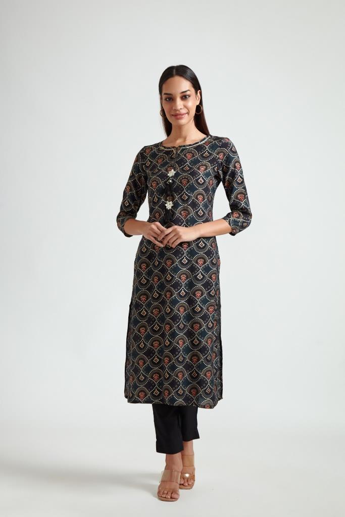 Neeru's Black Color Rayon Fabric Printed Kurta And Trouser