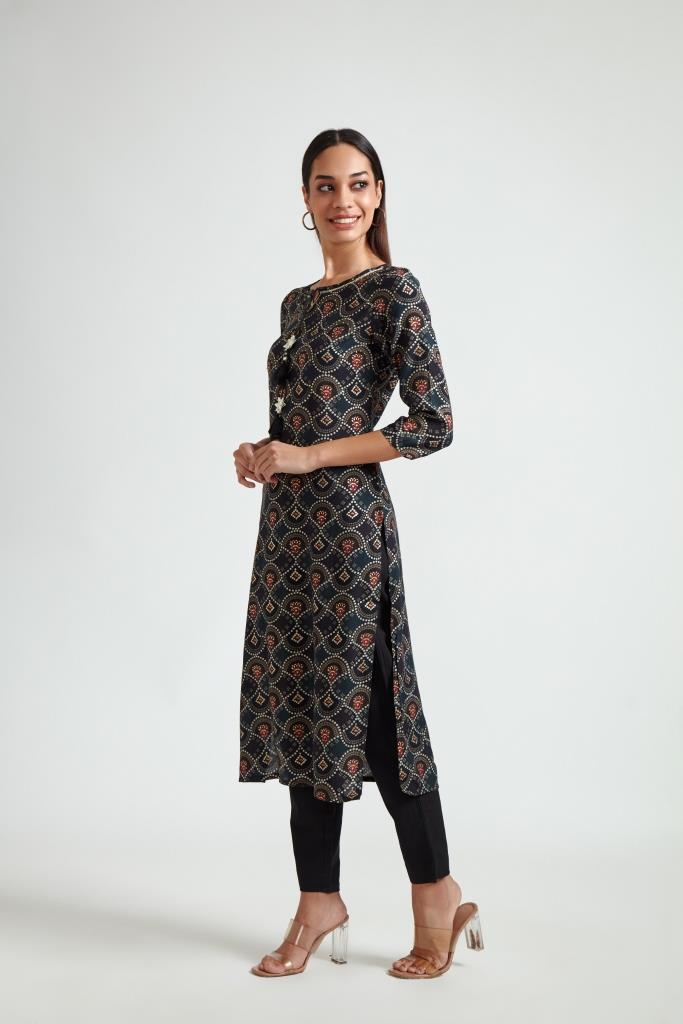 Neeru's Black Color Rayon Fabric Printed Kurta And Trouser