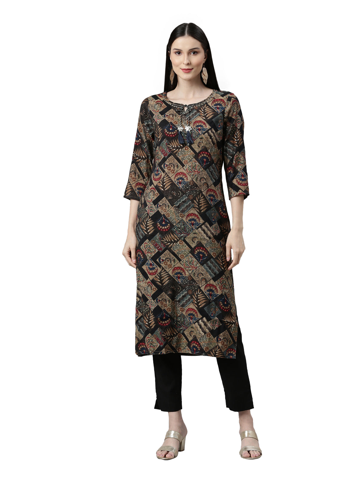 Neerus Women Black Ethnic Motifs Printed Keyhole Neck Pure Cotton Kurta