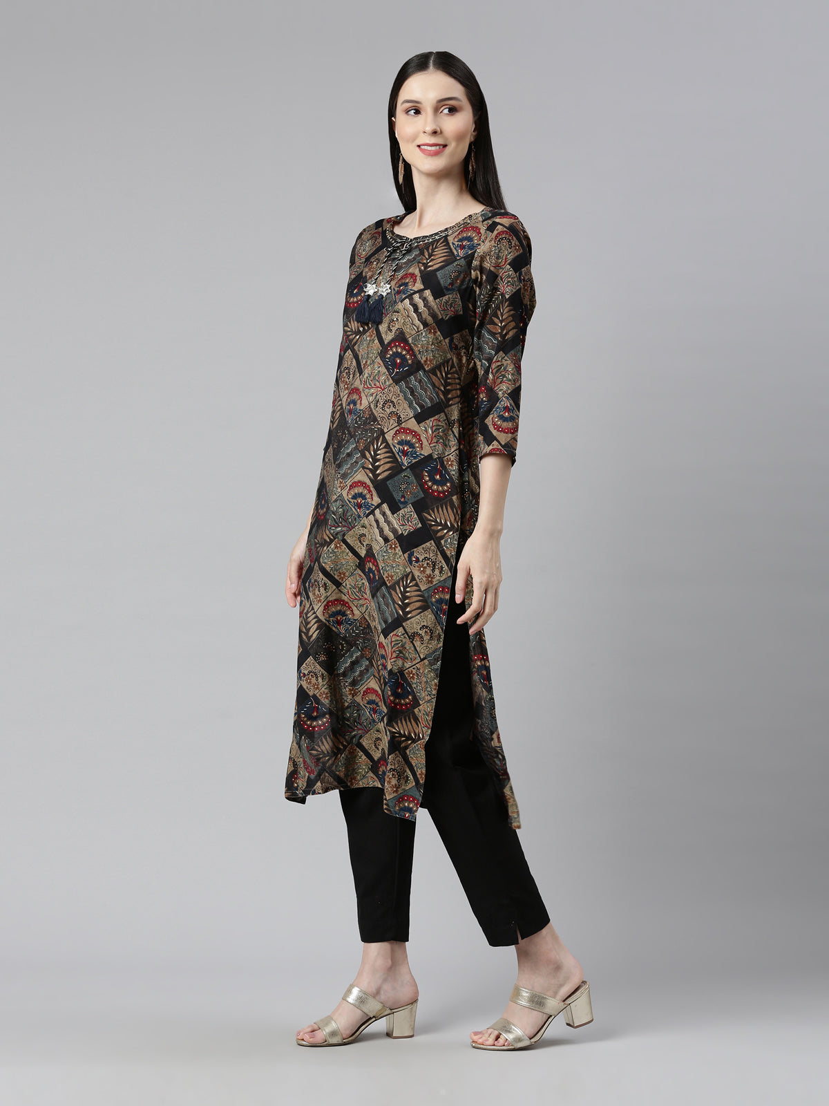 Neerus Women Black Ethnic Motifs Printed Keyhole Neck Pure Cotton Kurta