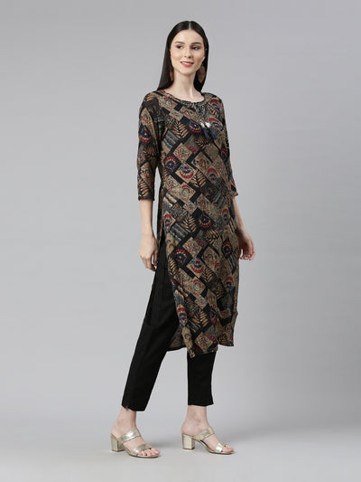 Neerus Women Black Ethnic Motifs Printed Keyhole Neck Pure Cotton Kurta