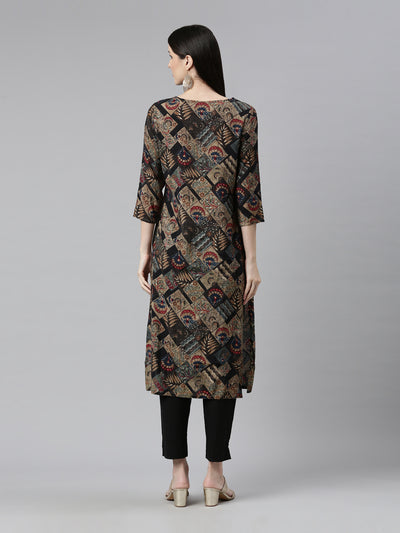 Neerus Women Black Ethnic Motifs Printed Keyhole Neck Pure Cotton Kurta