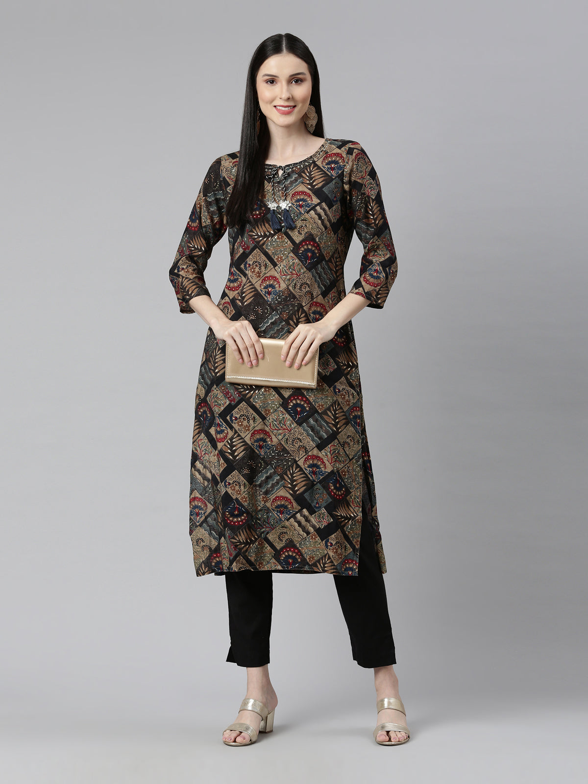 Neerus Women Black Ethnic Motifs Printed Keyhole Neck Pure Cotton Kurta