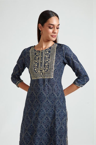 Neeru's Women Navy Blue Embroidered Straight Kurta With Sharara With Dupatta