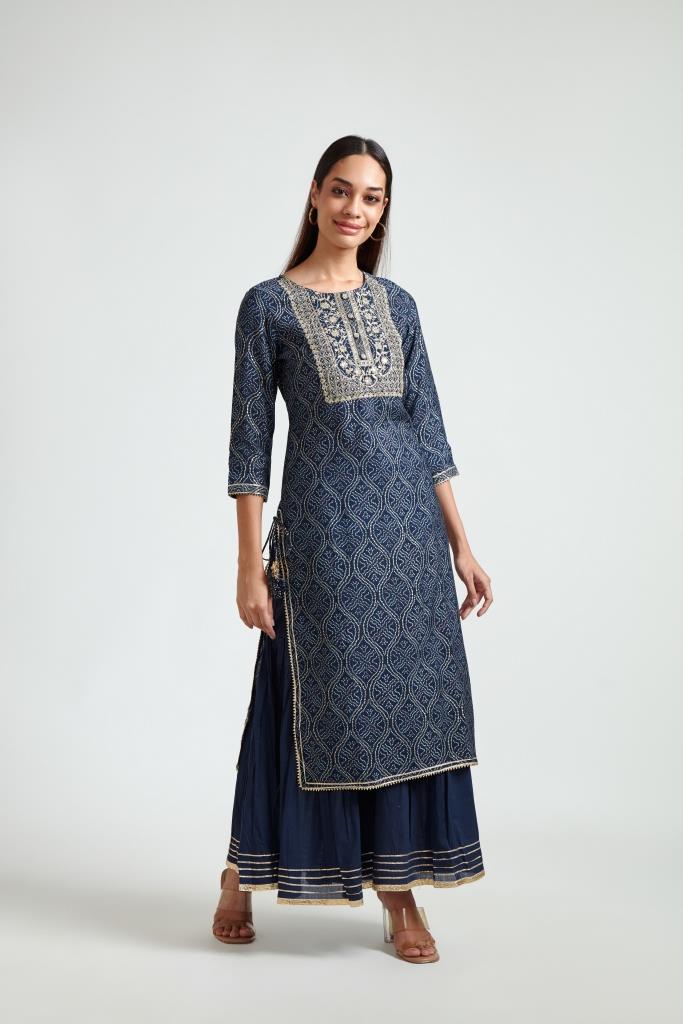 Neeru's Women Navy Blue Embroidered Straight Kurta With Sharara With Dupatta