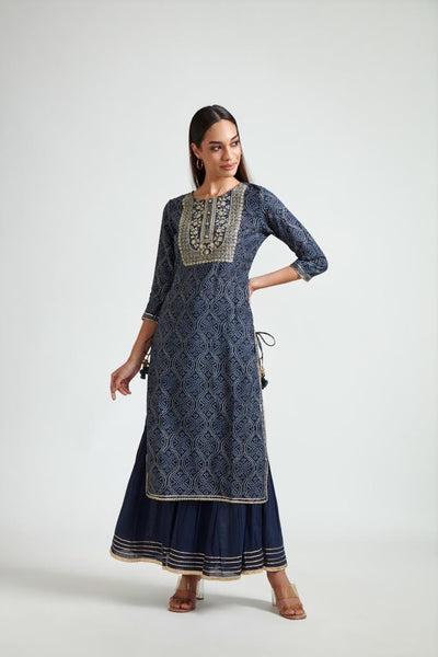 Neeru's Women Navy Blue Embroidered Straight Kurta With Sharara With Dupatta