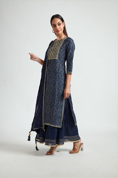 Neeru's Women Navy Blue Embroidered Straight Kurta With Sharara With Dupatta