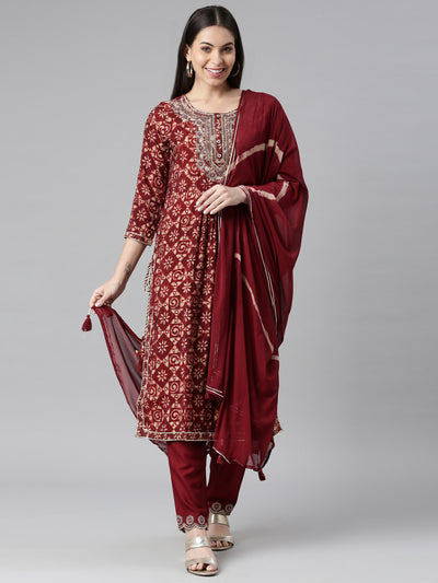 Neeru's Maroon Color Model Fabric Floral Kurta Trouser With Dupatta