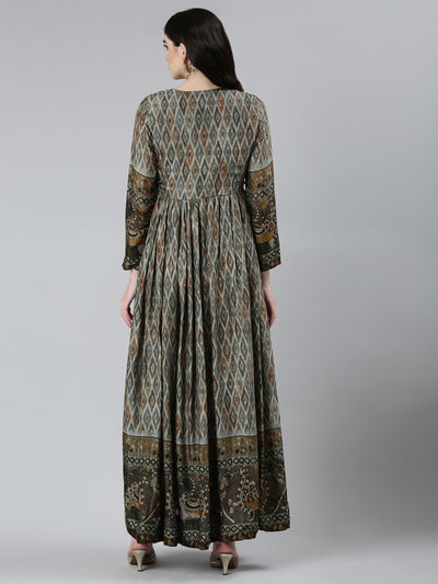 Neeru's Olive Straight Casual Floral Dresses