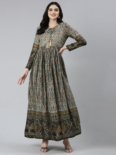 Neeru's Olive Straight Casual Floral Dresses