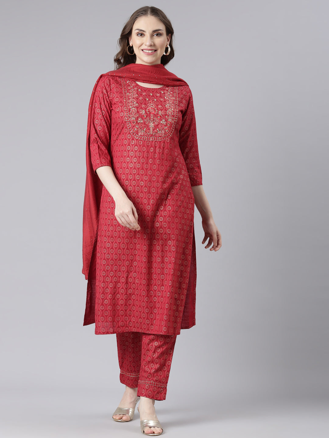 Neerus Red Slub Cotton Straight Casual Floral Kurta and Trouser with Dupatta