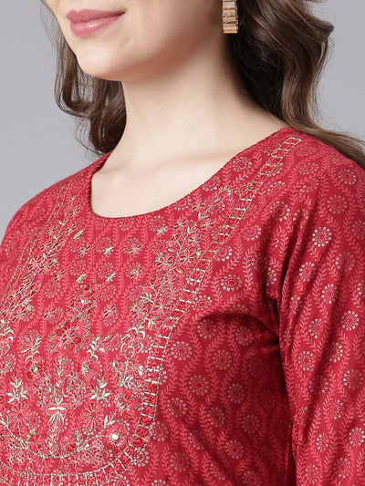 Neerus Red Slub Cotton Straight Casual Floral Kurta and Trouser with Dupatta