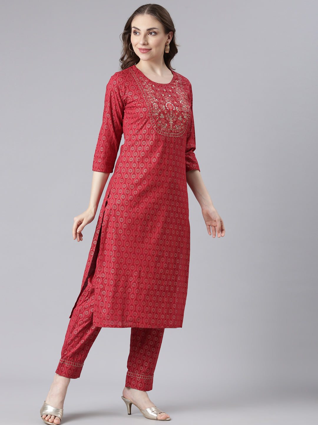 Neerus Red Slub Cotton Straight Casual Floral Kurta and Trouser with Dupatta