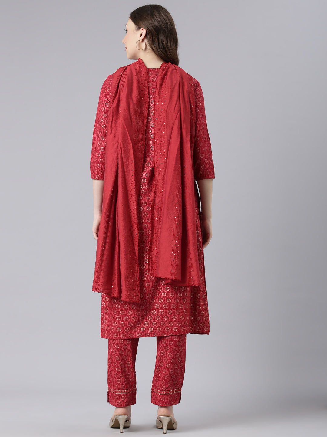 Neerus Red Slub Cotton Straight Casual Floral Kurta and Trouser with Dupatta