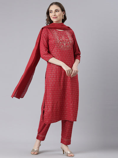 Neerus Red Slub Cotton Straight Casual Floral Kurta and Trouser with Dupatta