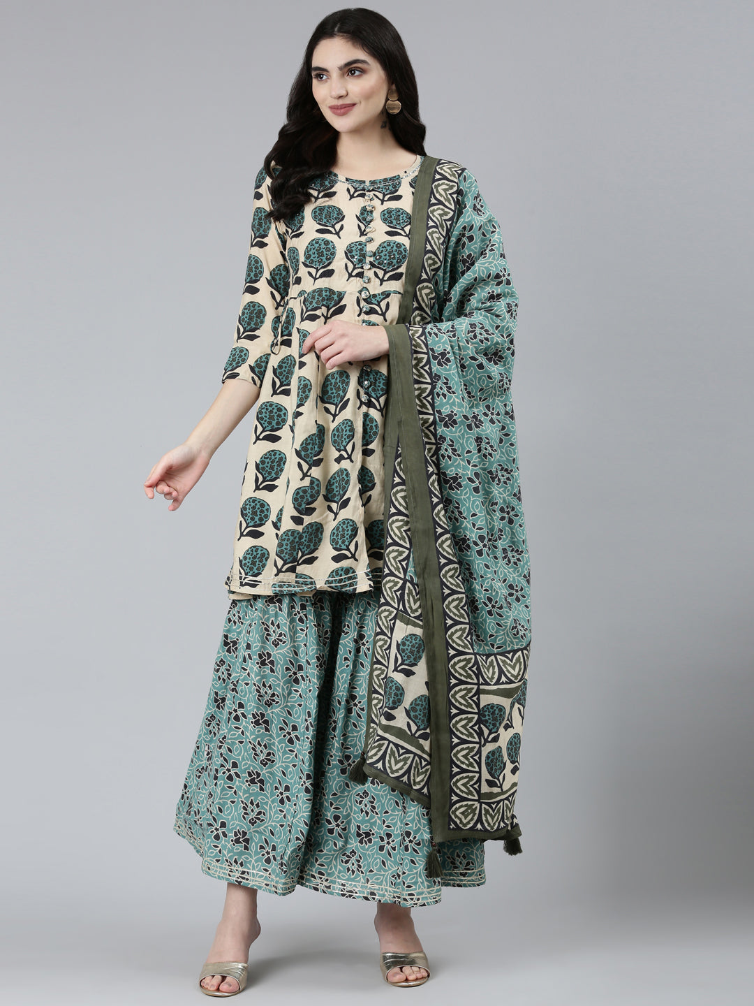 Neeru's Green Regular Straight Floral Kurta Sets And Sharara With Dupatta