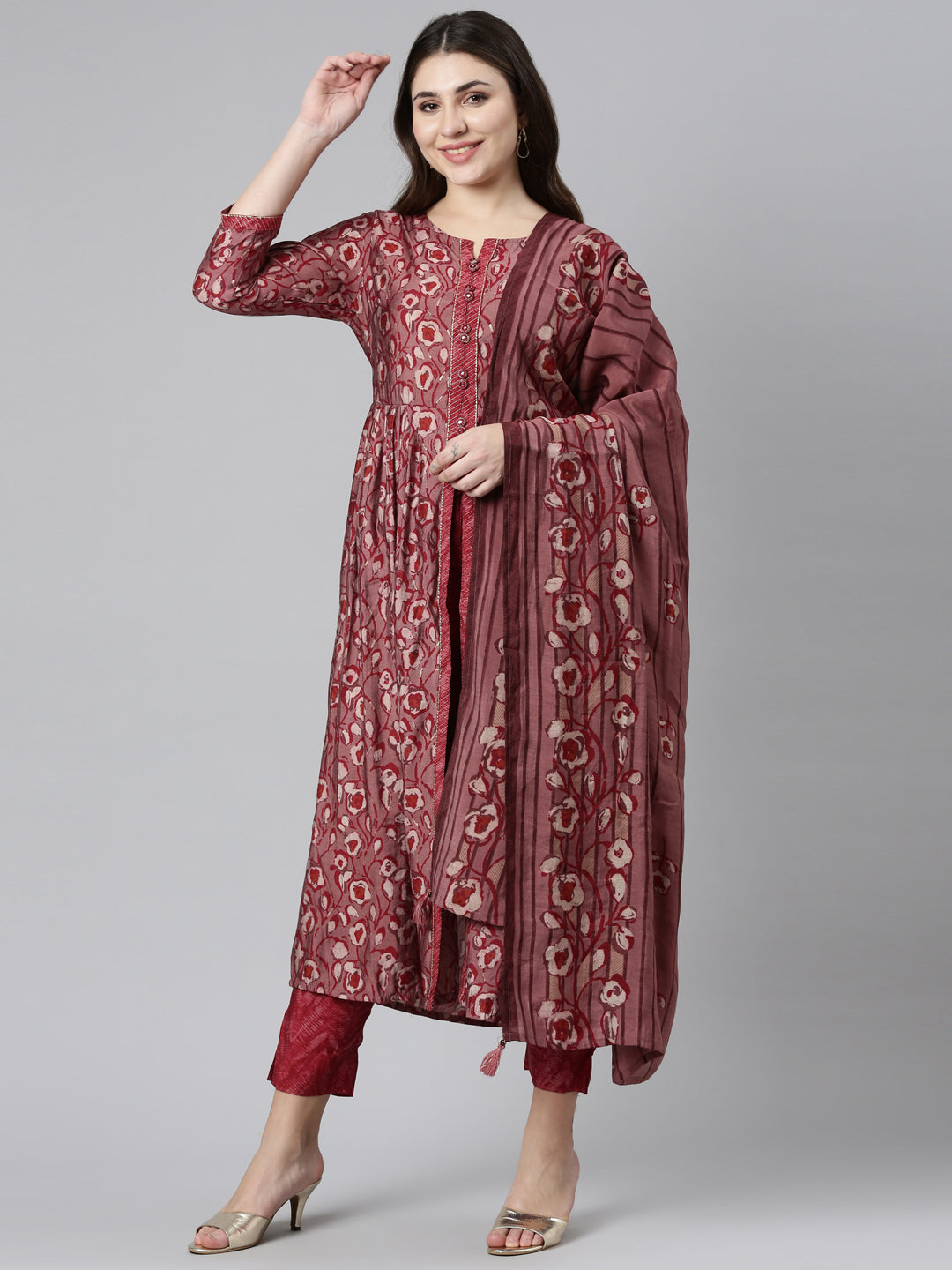 Neeru's Maroon Pleated Straight Printed Readymade suits