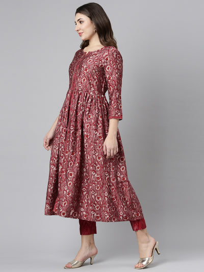 Neeru's Maroon Pleated Straight Printed Readymade suits