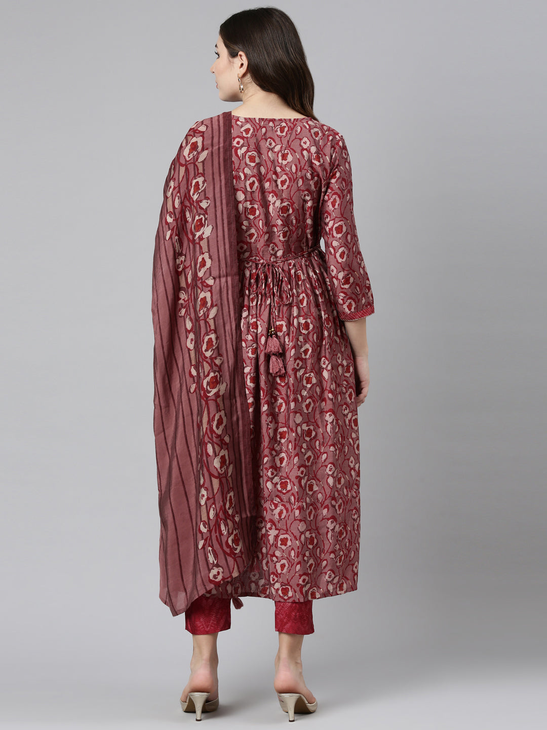 Neeru's Maroon Pleated Straight Printed Readymade suits