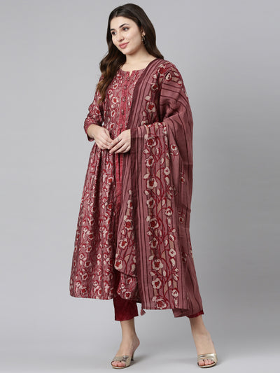 Neeru's Maroon Pleated Straight Printed Readymade suits