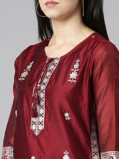 Neeru's Maroon Regular Straight Embroidered Readymade suits