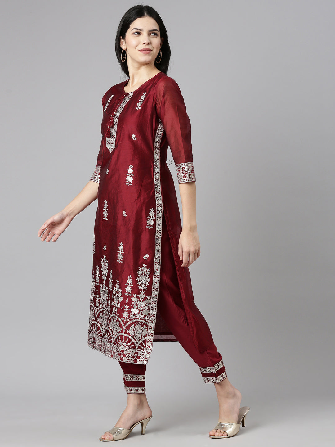 Neeru's Maroon Regular Straight Embroidered Readymade suits