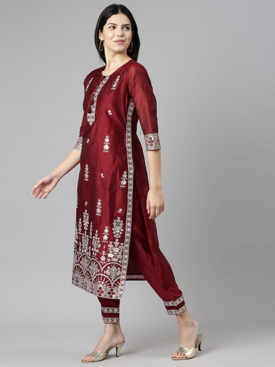 Neeru's Maroon Regular Straight Embroidered Readymade suits