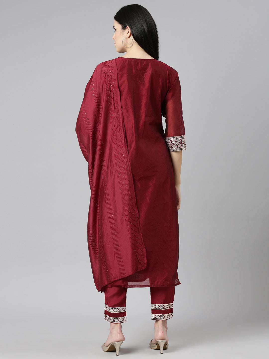 Neeru's Maroon Regular Straight Embroidered Readymade suits