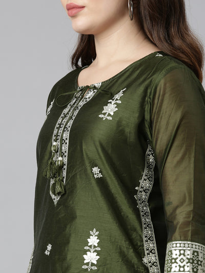 Neeru's Olive Regular Straight Embroidered Kurta And Trousers With Dupatta