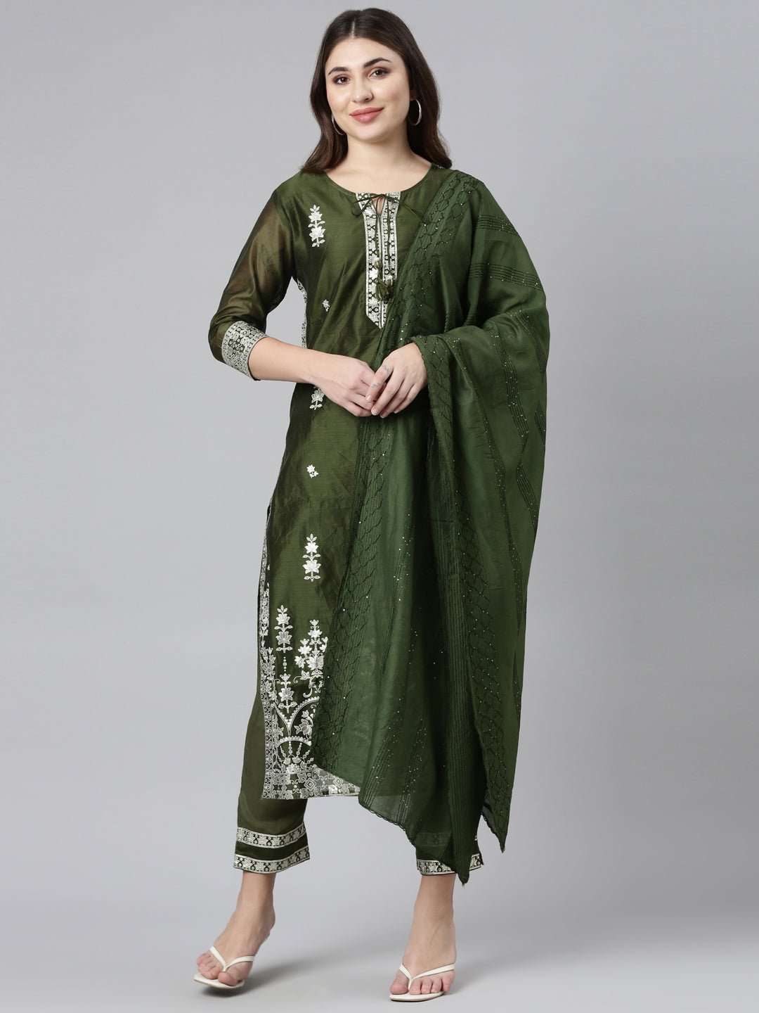 Neeru's Olive Regular Straight Embroidered Kurta And Trousers With Dupatta