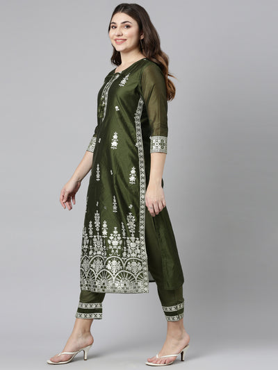 Neeru's Olive Regular Straight Embroidered Kurta And Trousers With Dupatta