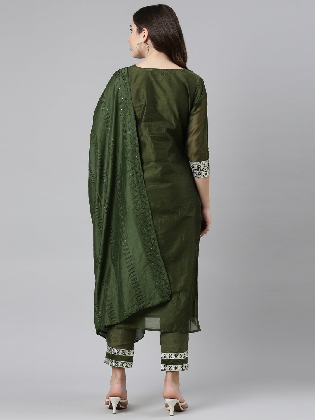 Neeru's Olive Regular Straight Embroidered Kurta And Trousers With Dupatta