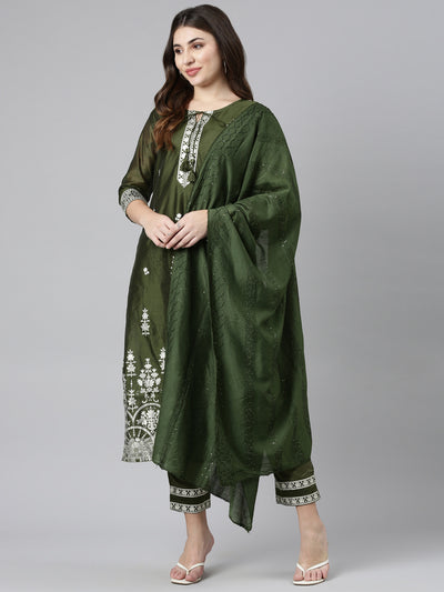 Neeru's Olive Regular Straight Embroidered Kurta And Trousers With Dupatta