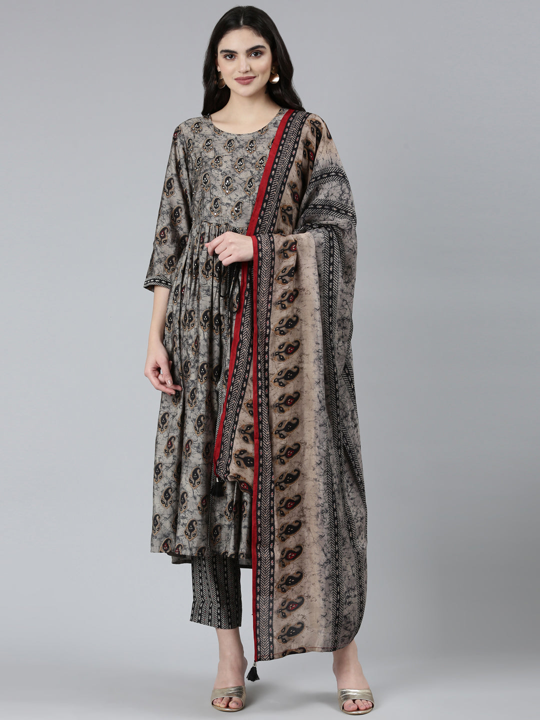 Neeru's Grey Pleated Straight Paisley Kurta Sets And Trousers With Dupatta