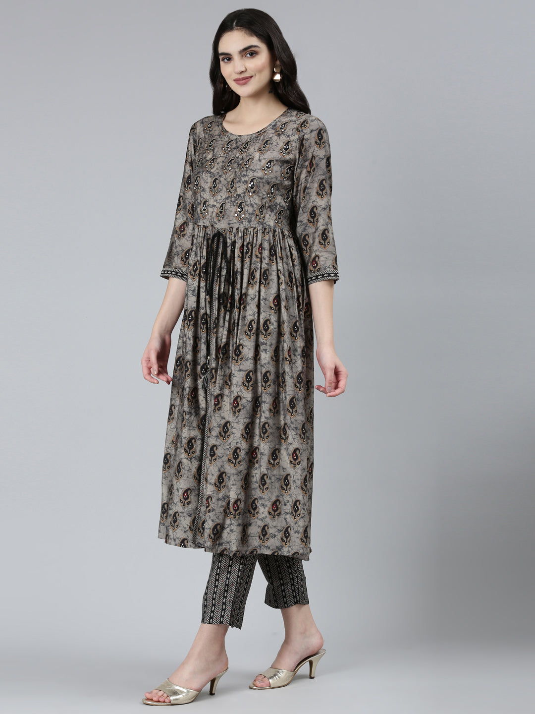 Neeru's Grey Pleated Straight Paisley Kurta Sets And Trousers With Dupatta