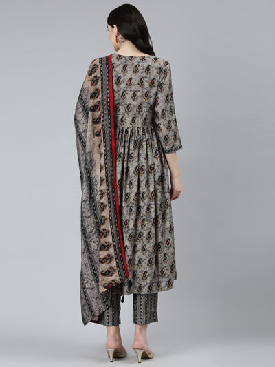 Neeru's Grey Pleated Straight Paisley Kurta Sets And Trousers With Dupatta