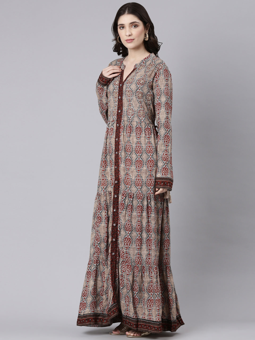 Neeru's Beige Straight Casual Printed Maxi Dresses